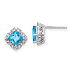 14k White Gold Square Blue Topaz and Diamond Earrings