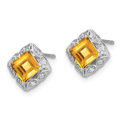14k White Gold Square Citrine and Diamond Earrings