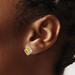 14k White Gold Square Citrine and Diamond Earrings
