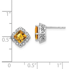 14k White Gold Square Citrine and Diamond Earrings