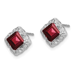 14k White Gold Square Garnet and Diamond Earrings