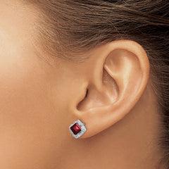 14k White Gold Square Garnet and Diamond Earrings