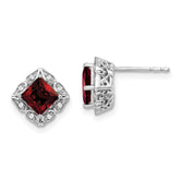 14k White Gold Square Garnet and Diamond Earrings