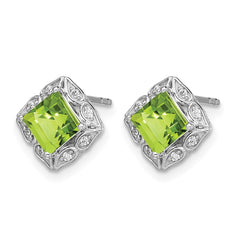 14k White Gold Square Peridot and Diamond Earrings