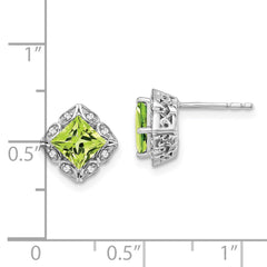 14k White Gold Square Peridot and Diamond Earrings