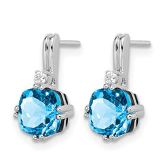 14k White Gold Cushion Blue Topaz and Diamond Earrings