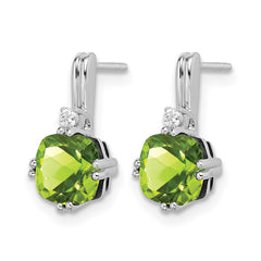 14k White Gold Cushion Peridot and Diamond Earrings
