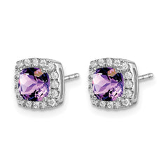 14k White Gold Cushion Amethyst and Diamond Halo Earrings