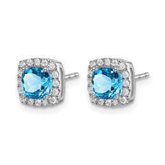14k White Gold Cushion Blue Topaz and Diamond Halo Earrings