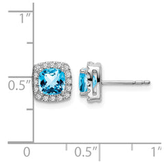 14k White Gold Cushion Blue Topaz and Diamond Halo Earrings