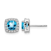 14k White Gold Cushion Blue Topaz and Diamond Halo Earrings
