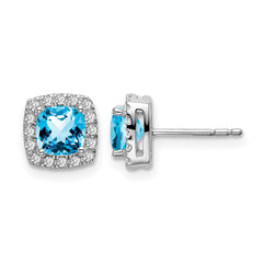 14k White Gold Cushion Blue Topaz and Diamond Halo Earrings