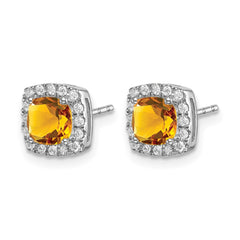 14k White Gold Cushion Citrine and Diamond Halo Earrings