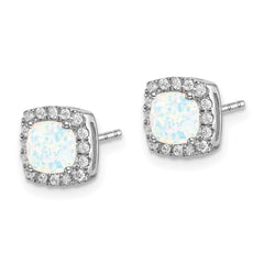 14k White Gold Cushion Created Opal and Diamond Halo Earrings