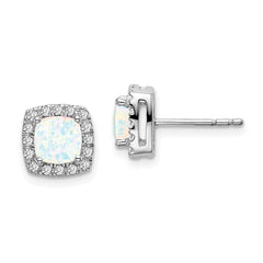 14k White Gold Cushion Created Opal and Diamond Halo Earrings