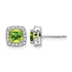 14k White Gold Cushion Peridot and Diamond Halo Earrings