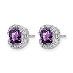 14k White Gold Cushion Amethyst and Diamond Halo Earrings - 2