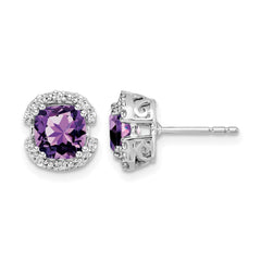 14k White Gold Cushion Amethyst and Diamond Halo Earrings - 2