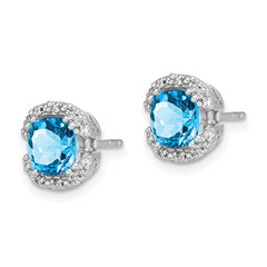 14k White Gold Cushion Blue Topaz and Diamond Halo Earrings - 2
