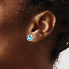 14k White Gold Cushion Blue Topaz and Diamond Halo Earrings - 2