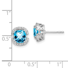 14k White Gold Cushion Blue Topaz and Diamond Halo Earrings - 2