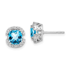 14k White Gold Cushion Blue Topaz and Diamond Halo Earrings - 2