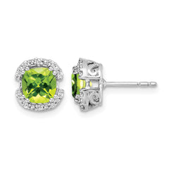 14k White Gold Cushion Peridot and Diamond Halo Earrings - 2