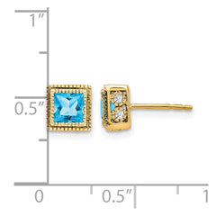 14k Square Blue Topaz and Diamond Earrings