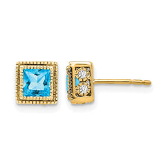 14k Square Blue Topaz and Diamond Earrings