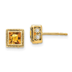 14k Square Citrine and Diamond Earrings
