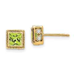 14k Square Peridot and Diamond Earrings