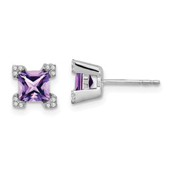 14k White Gold Square Amethyst and Diamond Earrings - 2