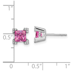 14k White Gold Square Created Pink Sapphire and Diamond Earrings