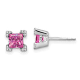 14k White Gold Square Created Pink Sapphire and Diamond Earrings