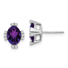 14k White Gold Oval Amethyst and Diamond Earrings - 2