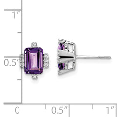 14k White Gold Emerald-shape Amethyst and Diamond Earrings