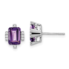 14k White Gold Emerald-shape Amethyst and Diamond Earrings