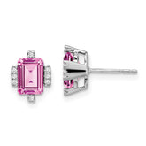 14k White Gold Emerald-shape Creat. Pink Sapphire/Diamond Earrings