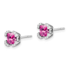 14k White Gold Cushion Created Pink Sapphire and Diamond Earrings