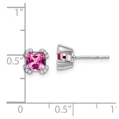 14k White Gold Cushion Created Pink Sapphire and Diamond Earrings