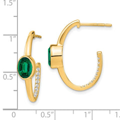 14k Oval Created Emerald and Diamond J-Hoop Earrings