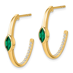 14k Marquise Created Emerald and Diamond J-hoop Earrings