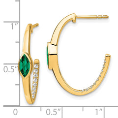 14k Marquise Created Emerald and Diamond J-hoop Earrings