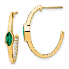 14k Marquise Created Emerald and Diamond J-hoop Earrings