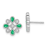 14k White Gold Emerald and Diamond Post Earrings - 6