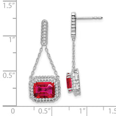 14k White Gold Created Ruby and Diamond Dangle Earrings