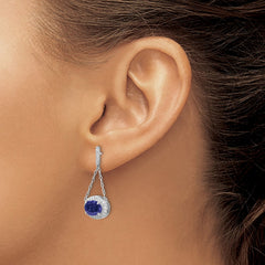 14k White Gold Oval Created Sapphire and Diamond Dangle Earrings