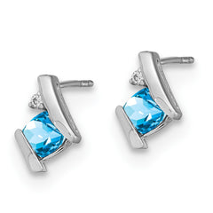 14K White Gold Cushion Blue Topaz and Diamond Earrings