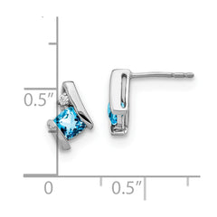 14K White Gold Cushion Blue Topaz and Diamond Earrings