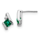 14K White Gold Cushion Cr. Emerald and Diamond Earrings